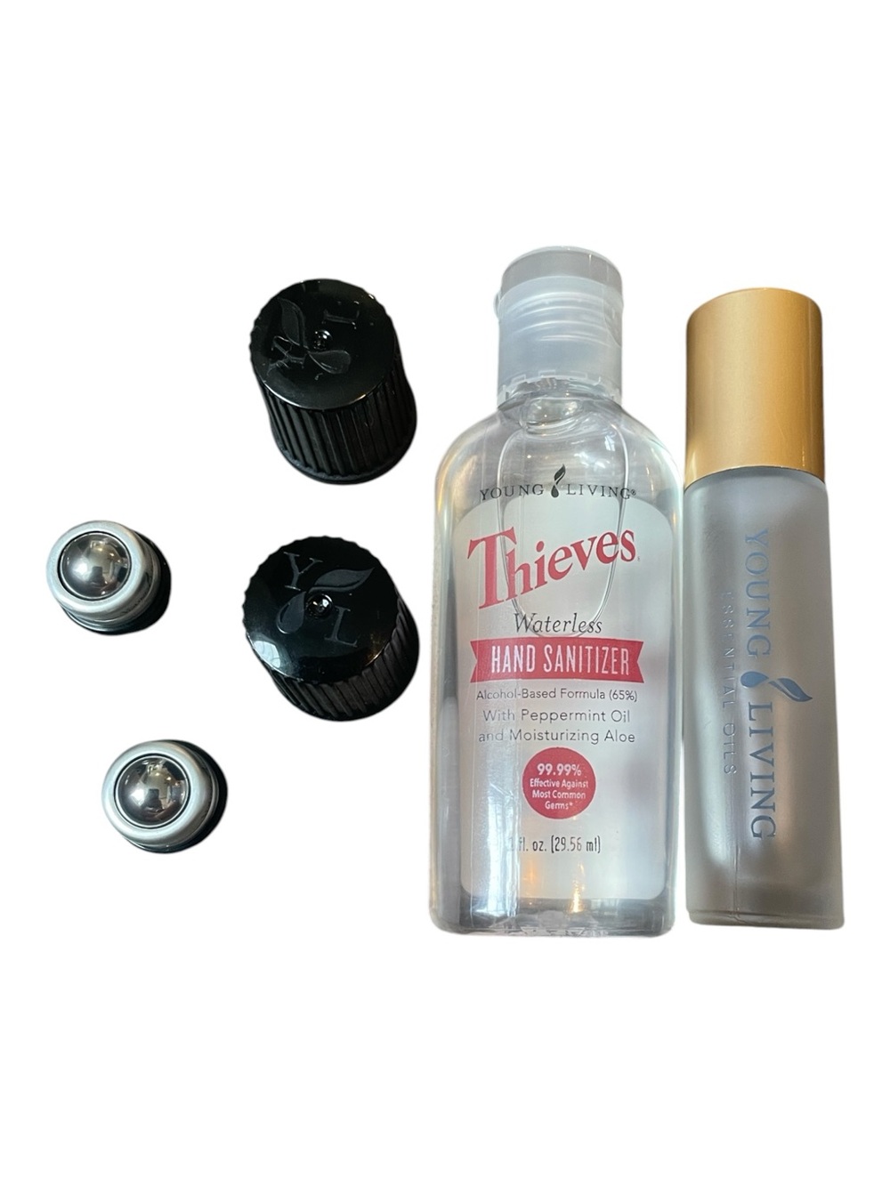 Young Living Hand Sanitizer, Glass Roller & Two AromaGlide Roller Fitments NEW